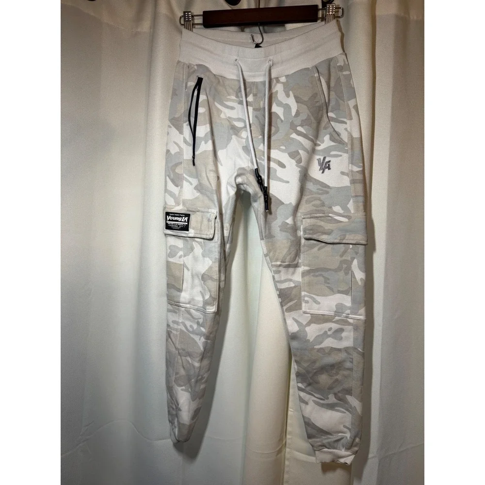 YoungLA Cargo Jogger Sweatpants Men's Small White Gray Camo Tactical Athletic